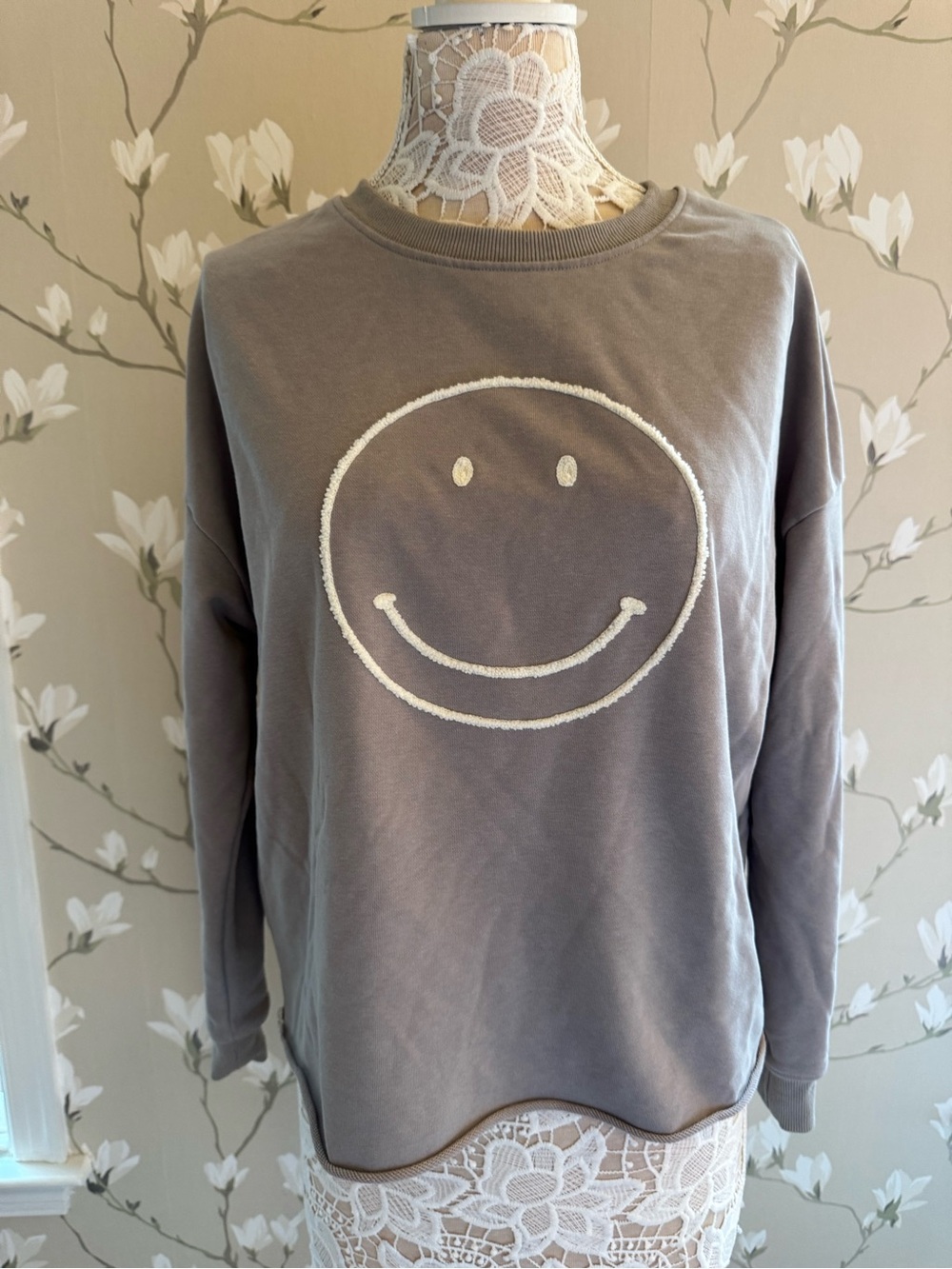 Newbury Kustom Taupe Crewneck Sweatshirt with Cream Smiley